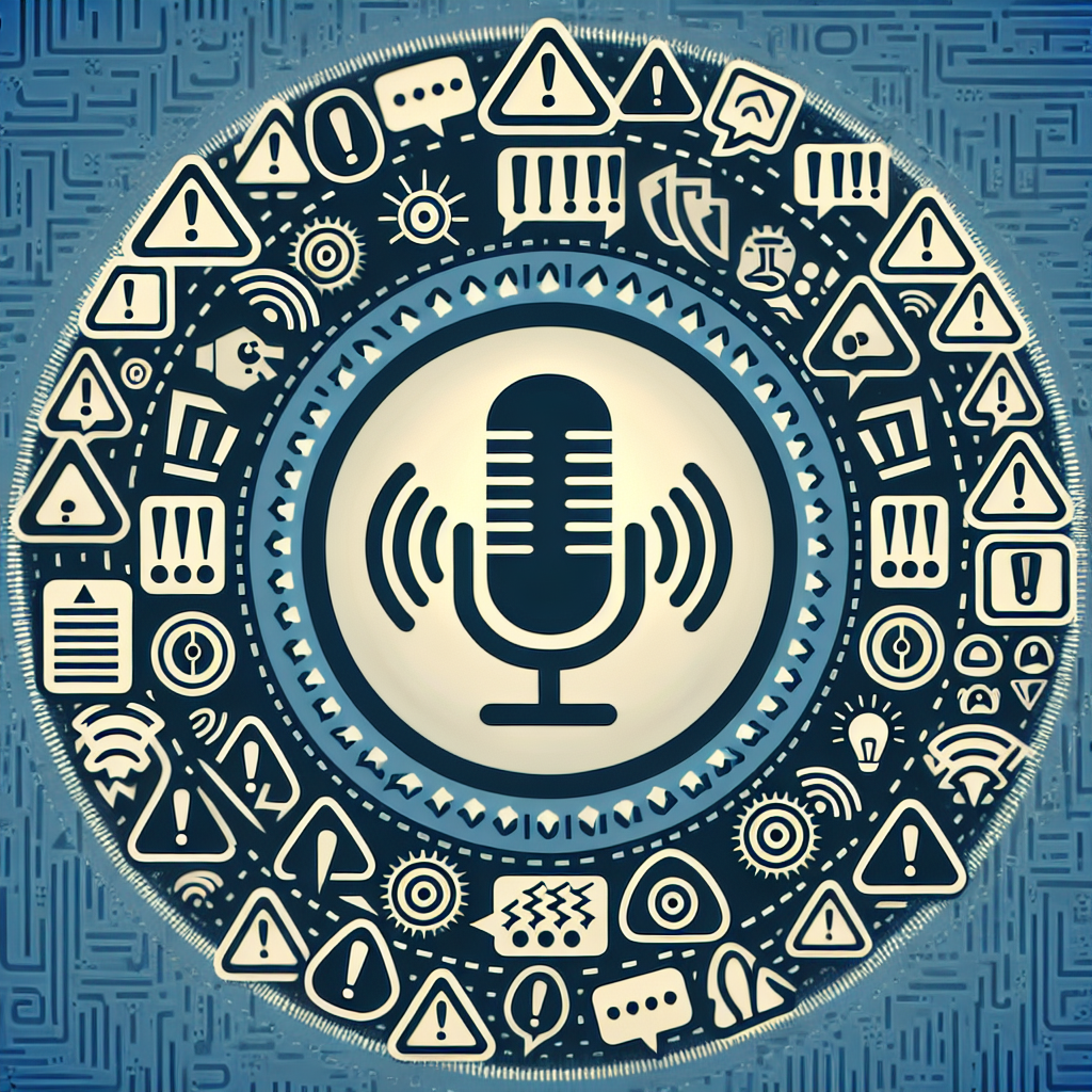 An image of voice recognition icon surrounded by warning symbols, representing challenges related to it.