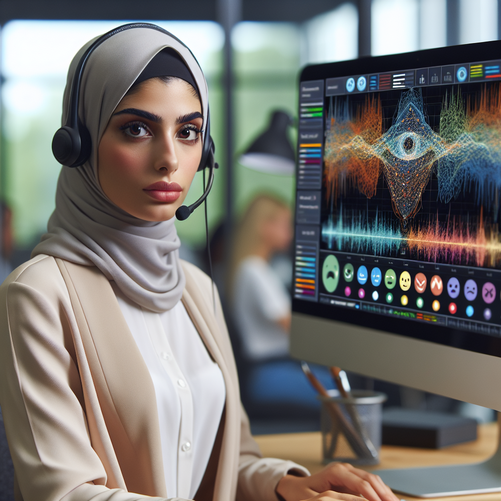 A customer service representative adjusting her approach based on real-time feedback from voice-based emotion tracking