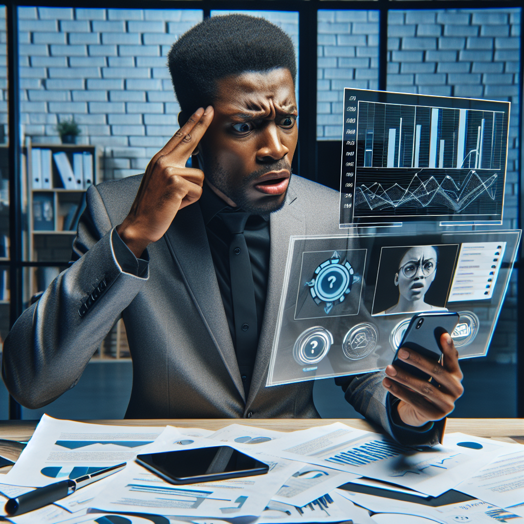 A puzzled businessperson analyzing graphs representing customer satisfaction trends and voice-based emotion tracking technology implementation