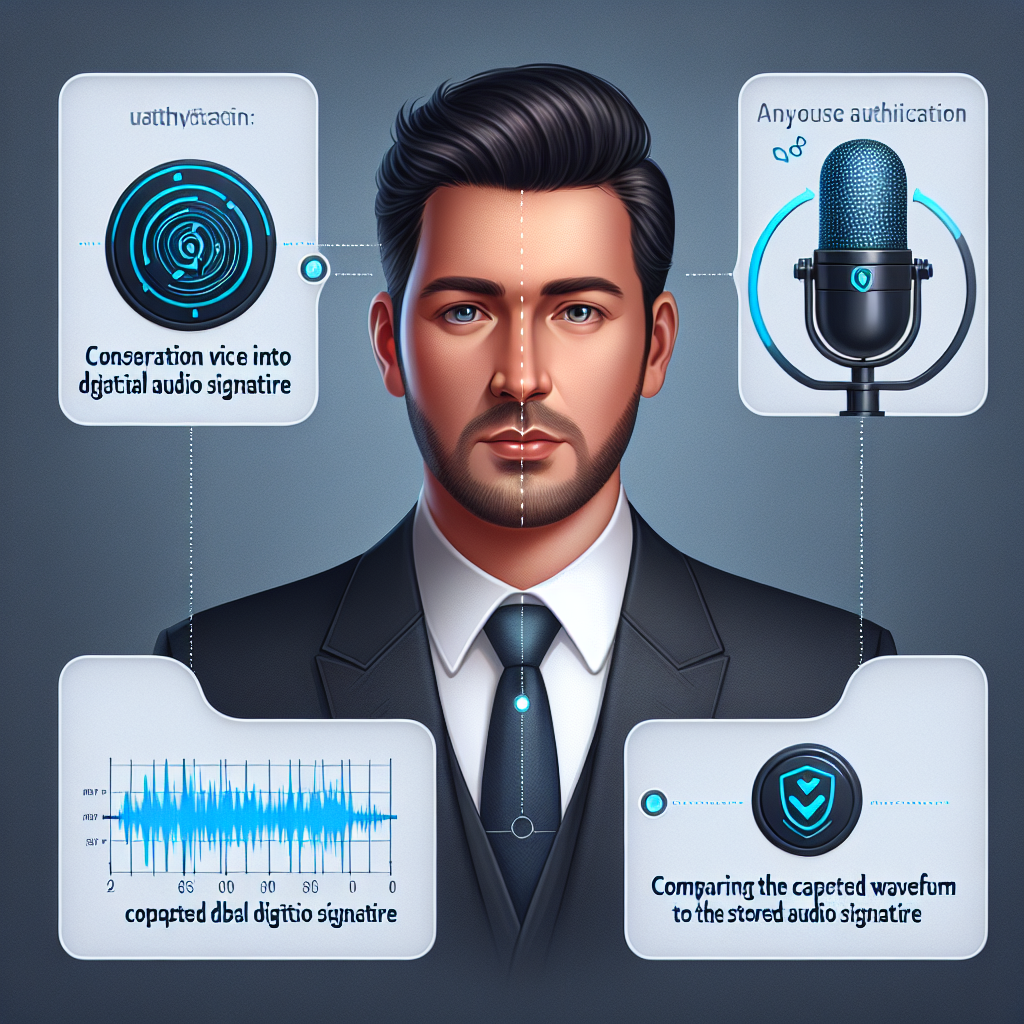 An illustrative representation of voice authentication technology in action, showing how a product's sound is being analyzed for authenticity.