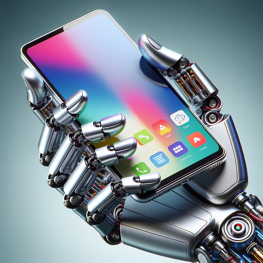 An illustration depicting a robotic hand holding a smartphone, symbolizing the introduction of AI in phone sales
