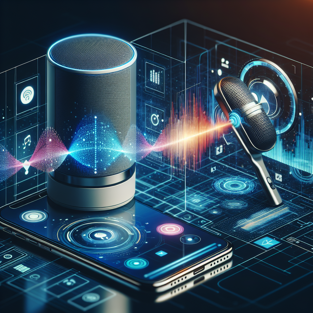 A futuristic image depicting voice recognition technology, perhaps with a voice waveform overlaid on a graphic of a smartphone or smart speaker