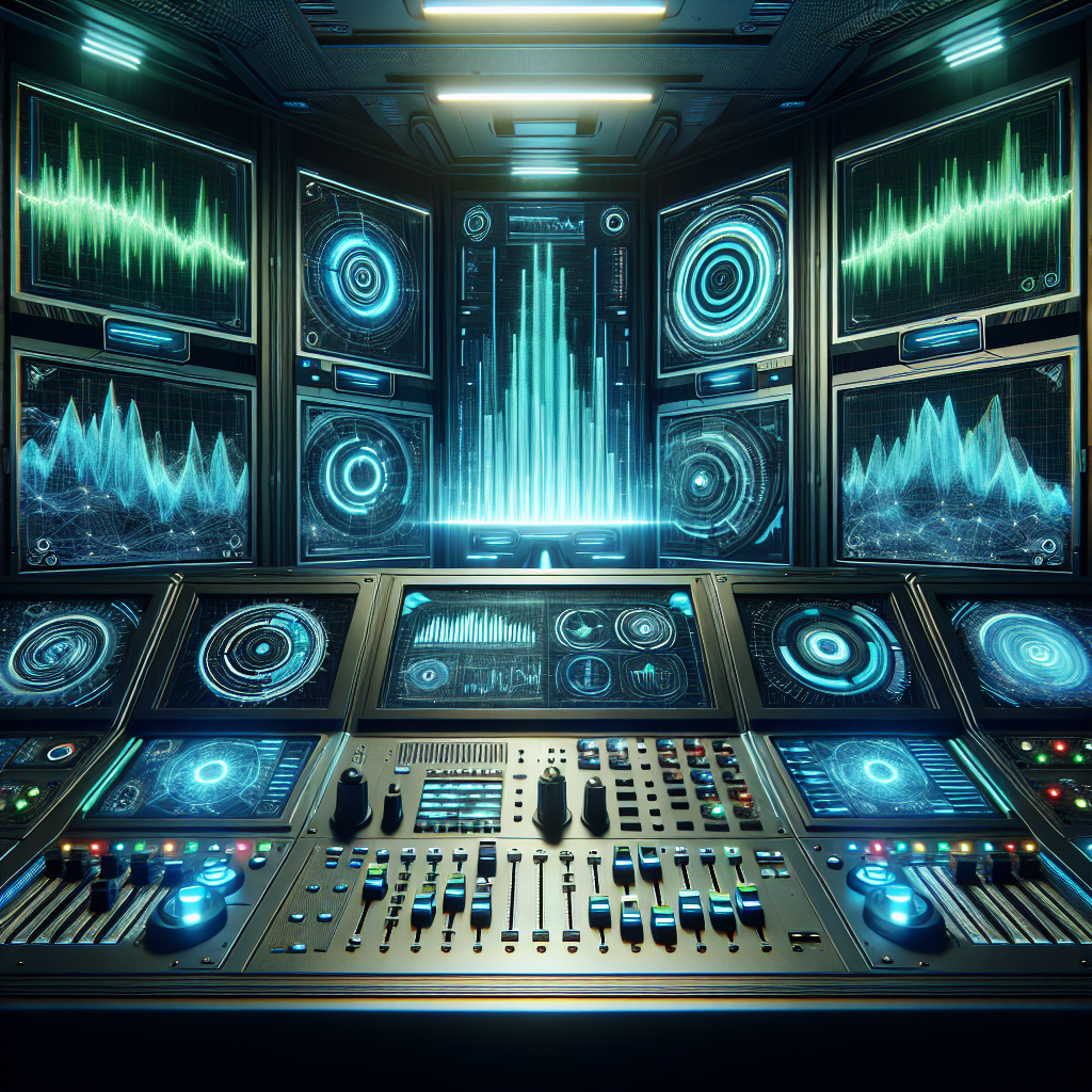 A high-tech control room showcasing audio waveforms and sentiment analysis on screens