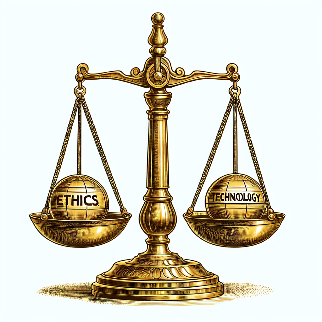 An illustrated balance scale with the words 'Ethics' and 'Technology' on each side