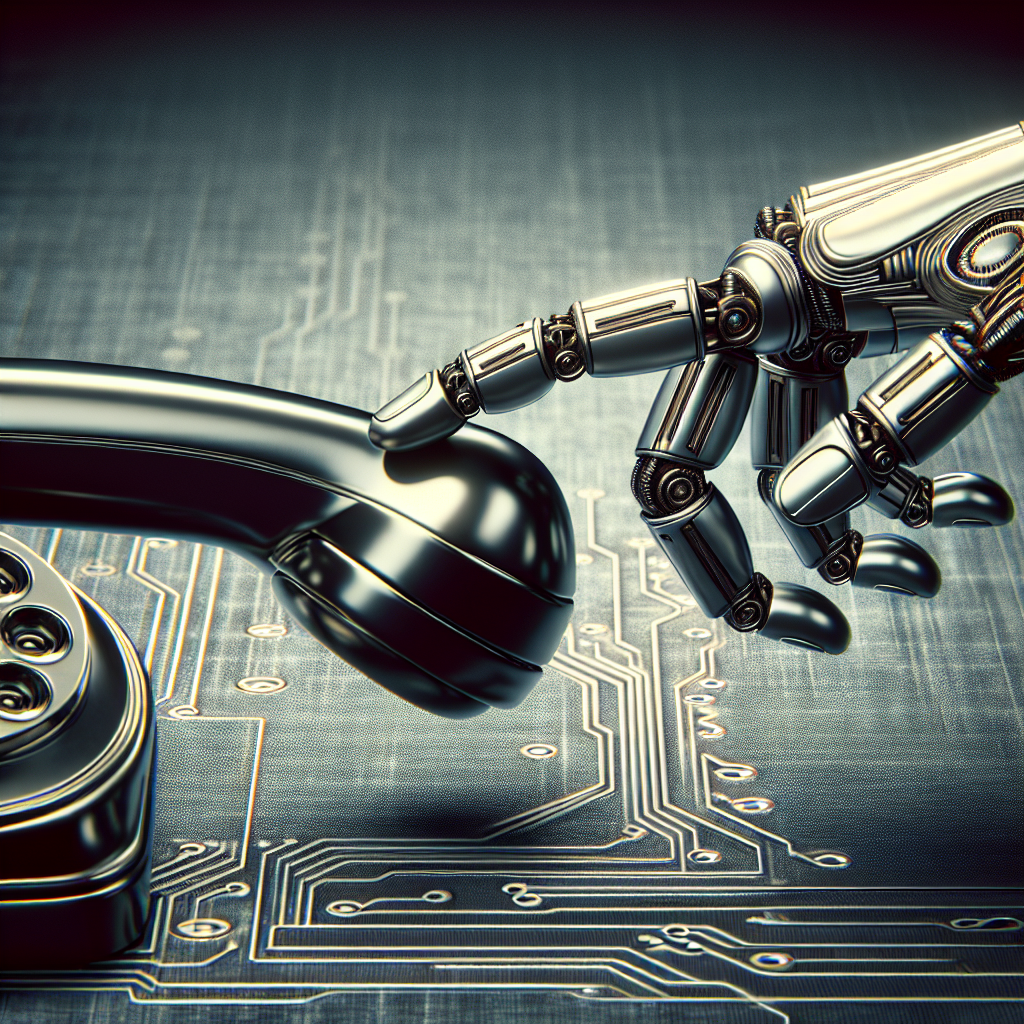 An image showing a robotic hand holding a telephone receiver, symbolizing how AI and voice cloning technology are used in call centers.