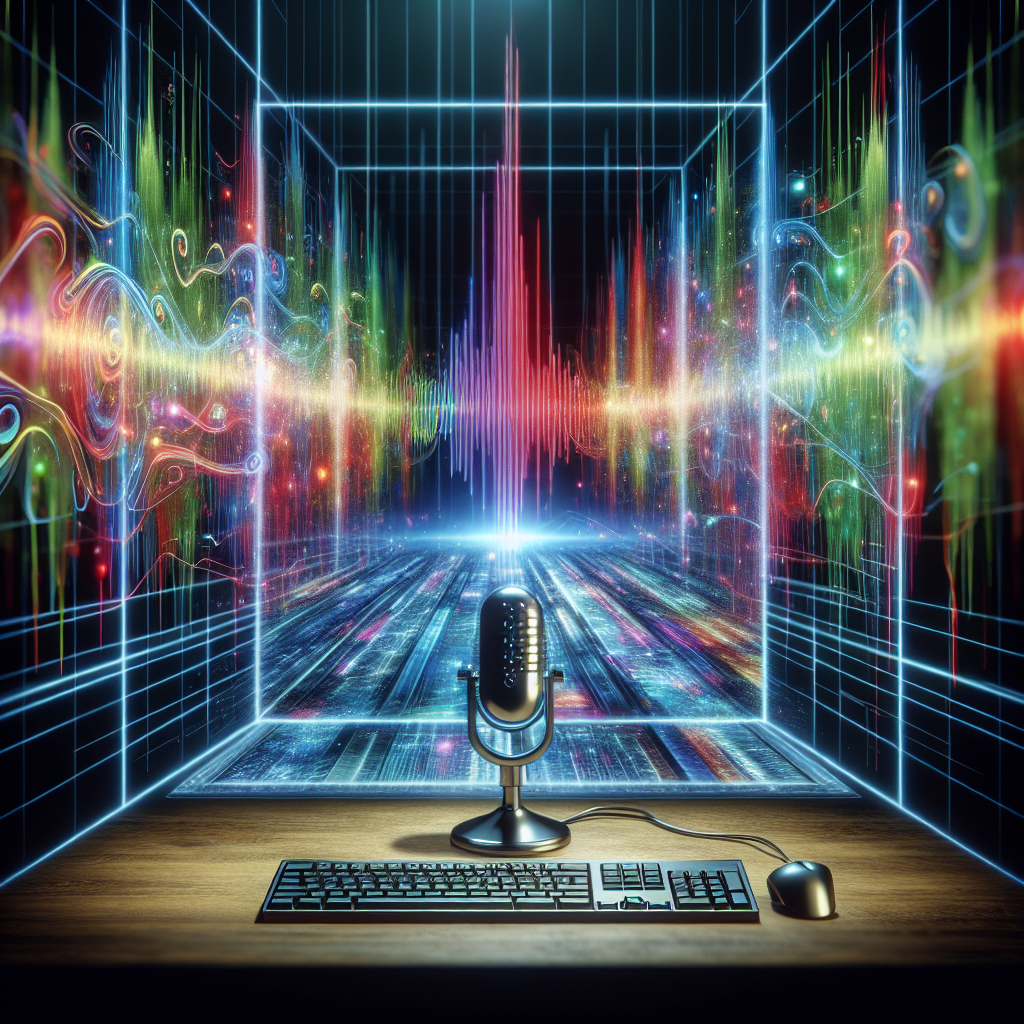 An image showing voice waves and a computer processing it with AI symbol on it, portraying voice pattern analysis