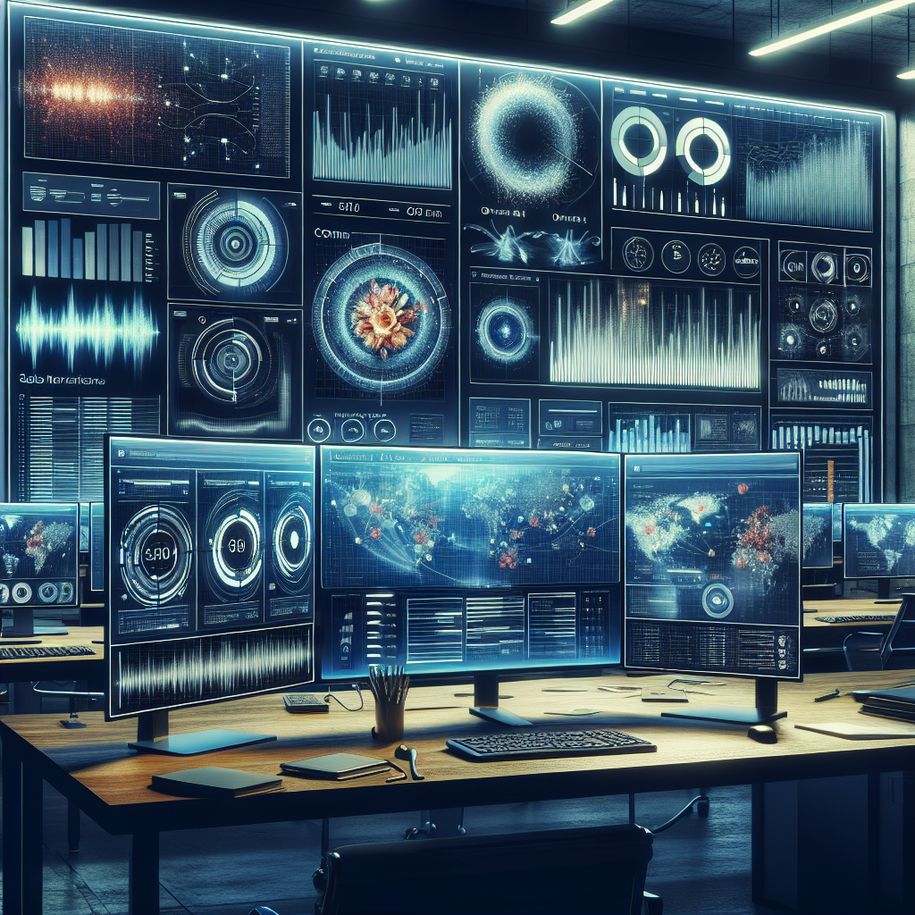 A modern business workplace with several computing screens showing voice analysis test results and business CRM system.