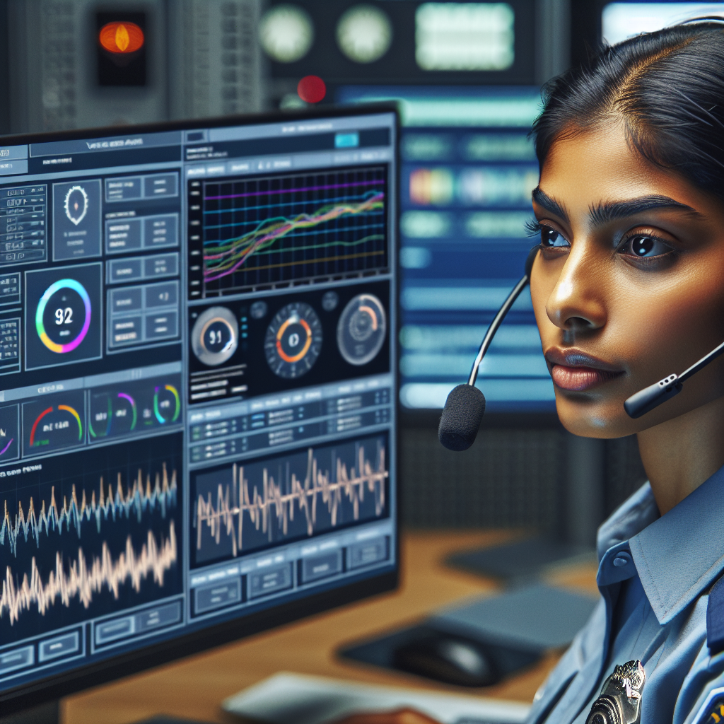 A 911 dispatcher using a headset, with a computer screen showing analytics generated by a voice stress analysis AI tool