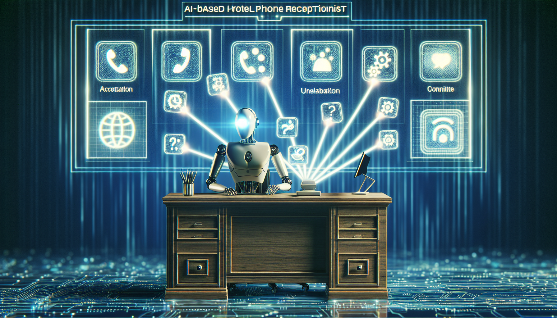 A graphic showing My AI Front Desk's AI Phone Receptionist connecting to various apps via Zapier