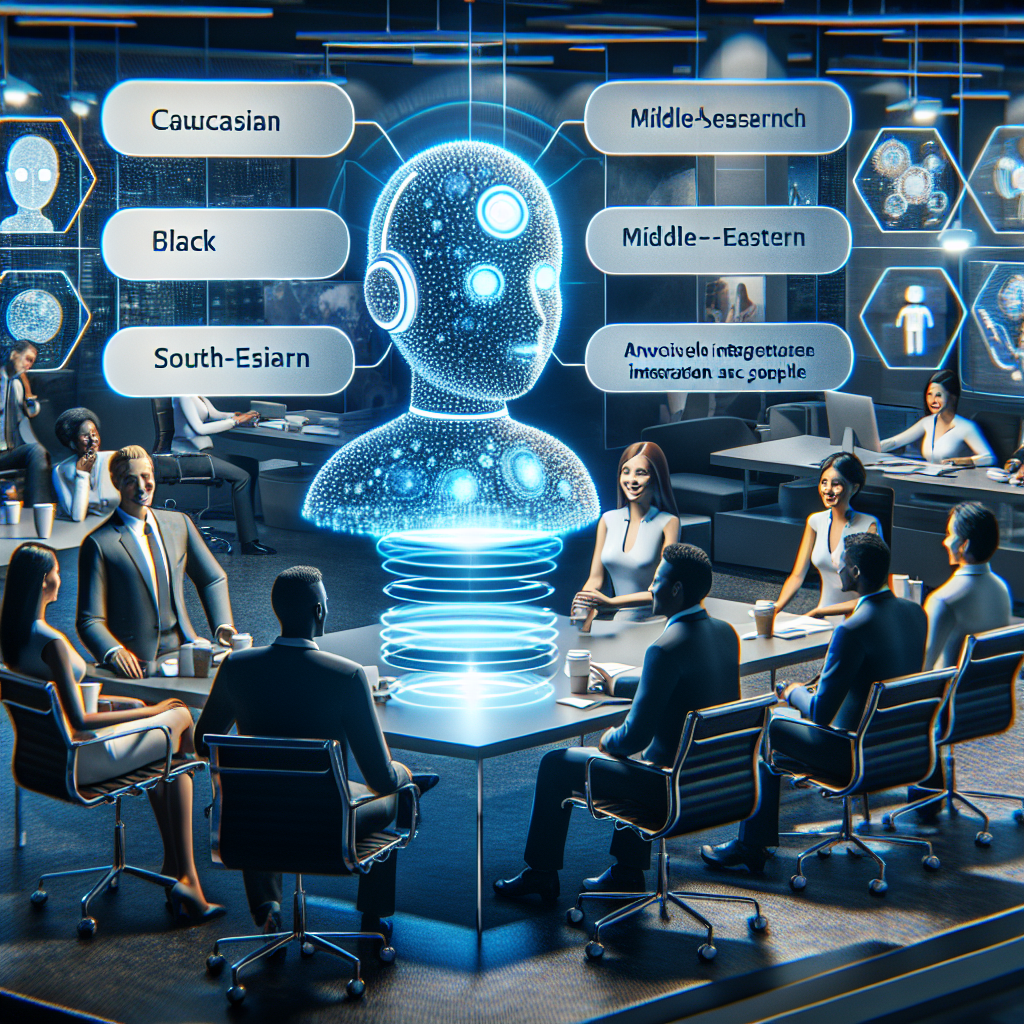 A creative depiction of diverse business people engaging with AI technology, showcasing how AI receptionist solutions can enhance customer interactions.