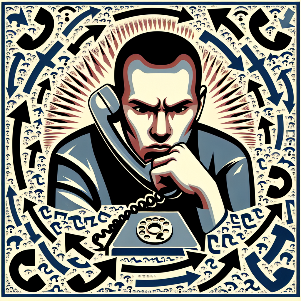 An image showing a person on the phone looking frustrated, with call forwarding icons