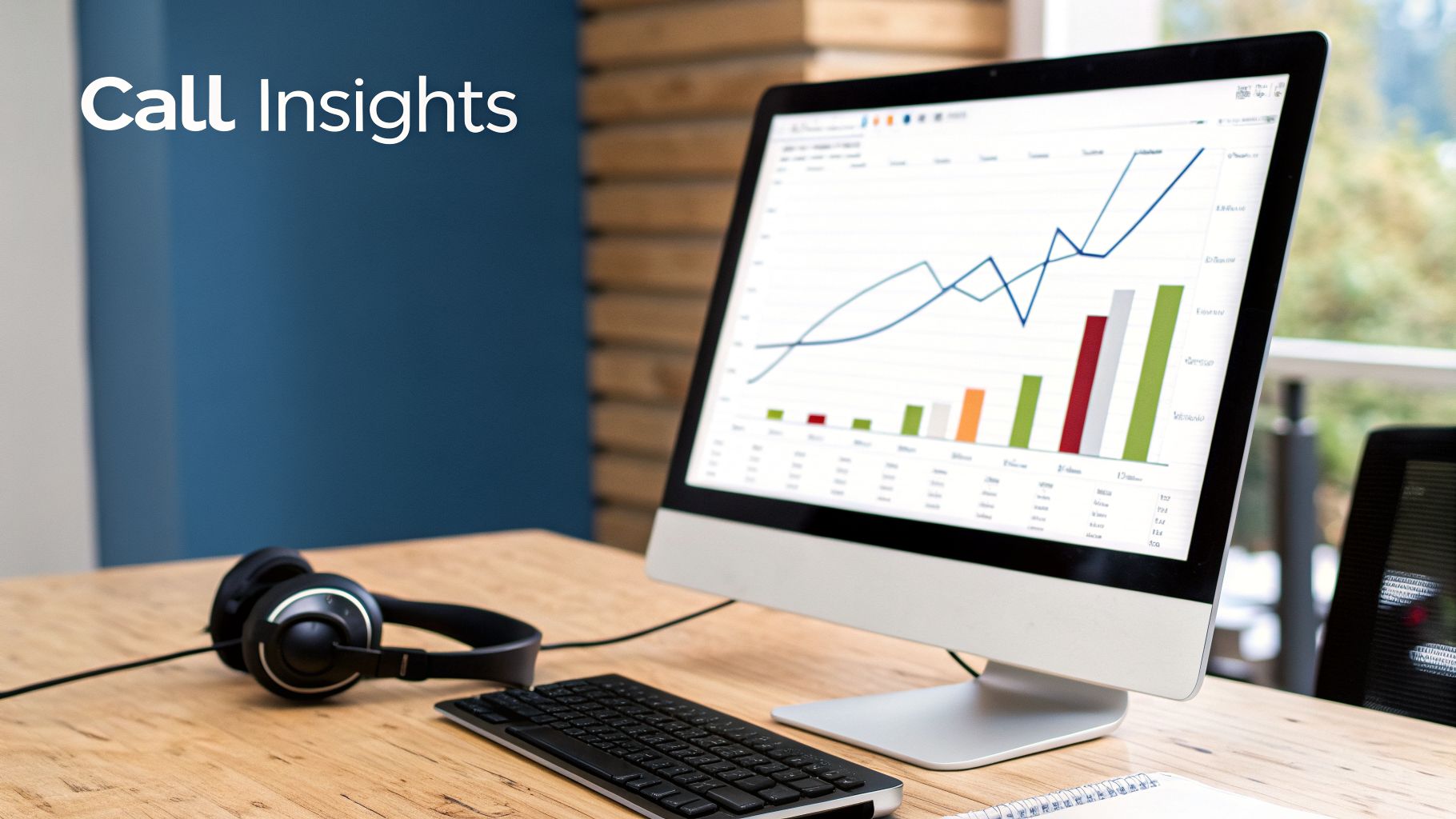 A monitor shows call insights data with charts and graphs on a wooden desk next to headphones and a keyboard.