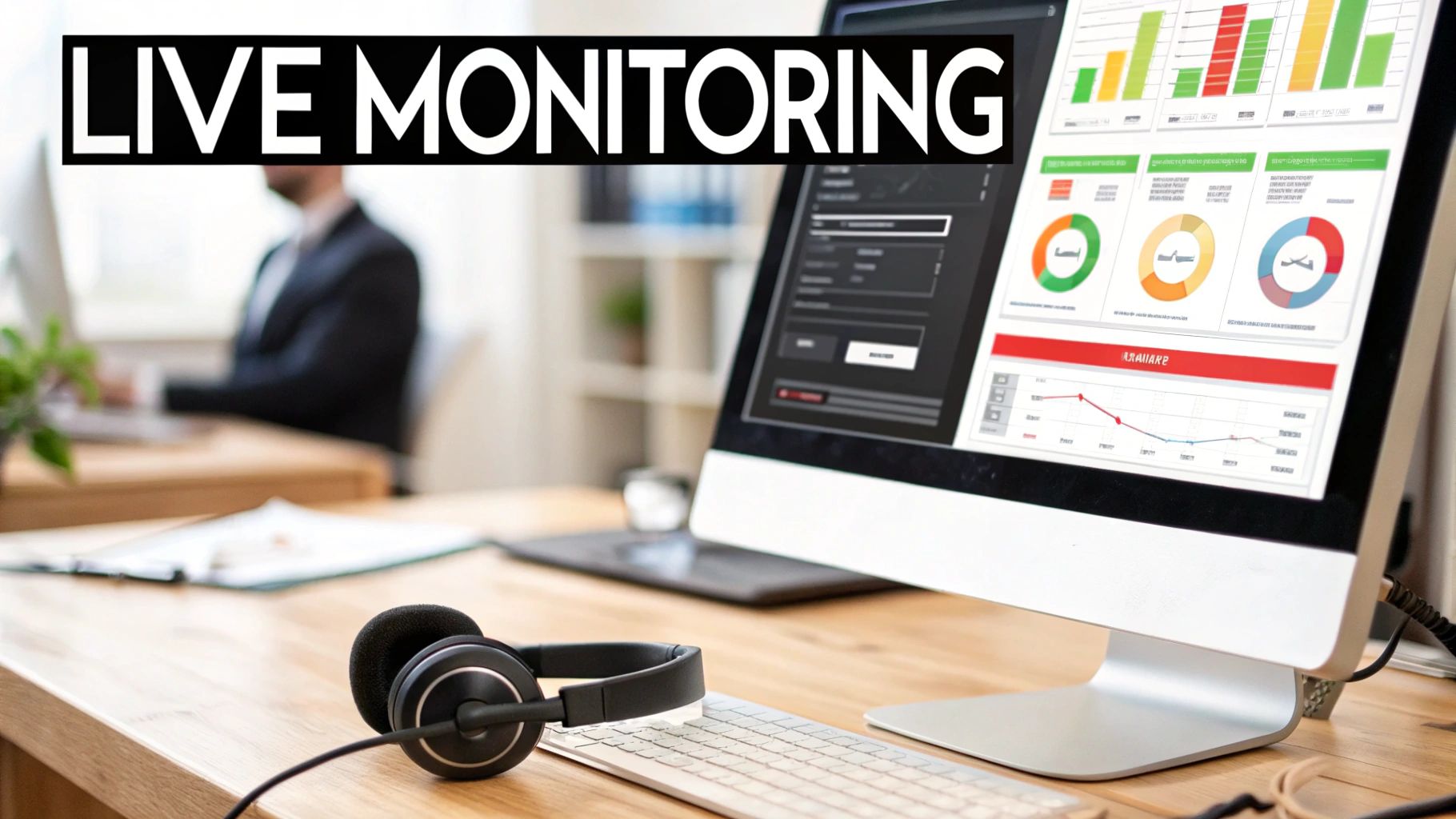 A computer screen displays "LIVE MONITORING" text and data dashboards in a modern office.
