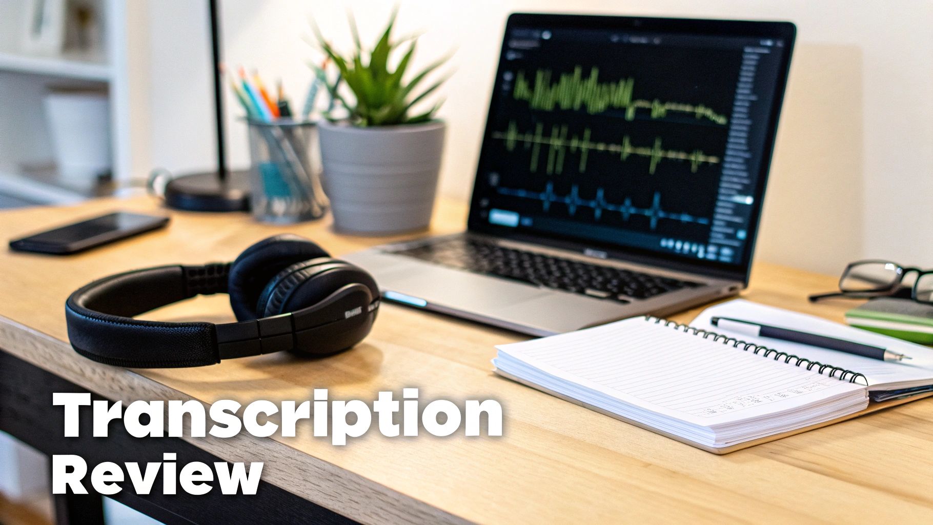 A desk setup with headphones, a laptop showing audio waveforms, a notebook, and a phone.
