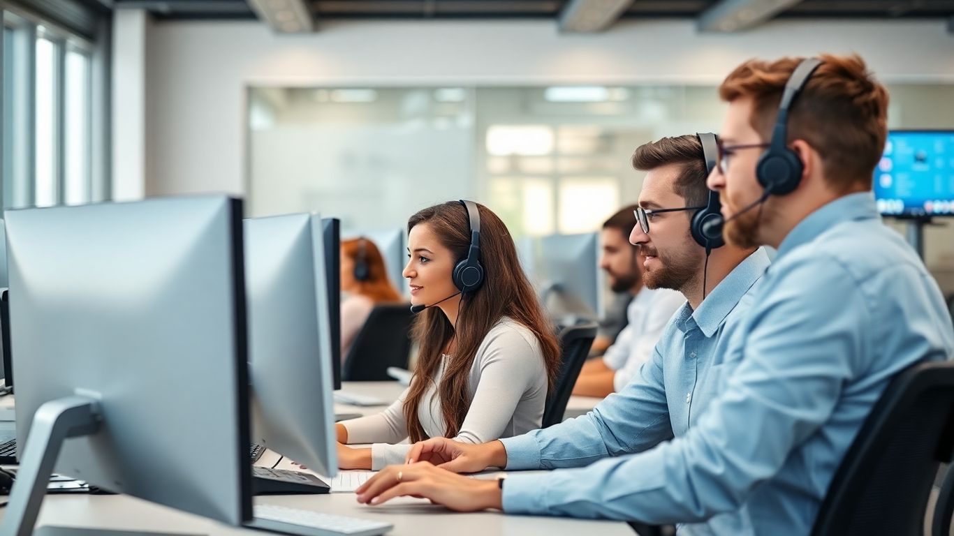 Modern call center agents at computers with headsets working.