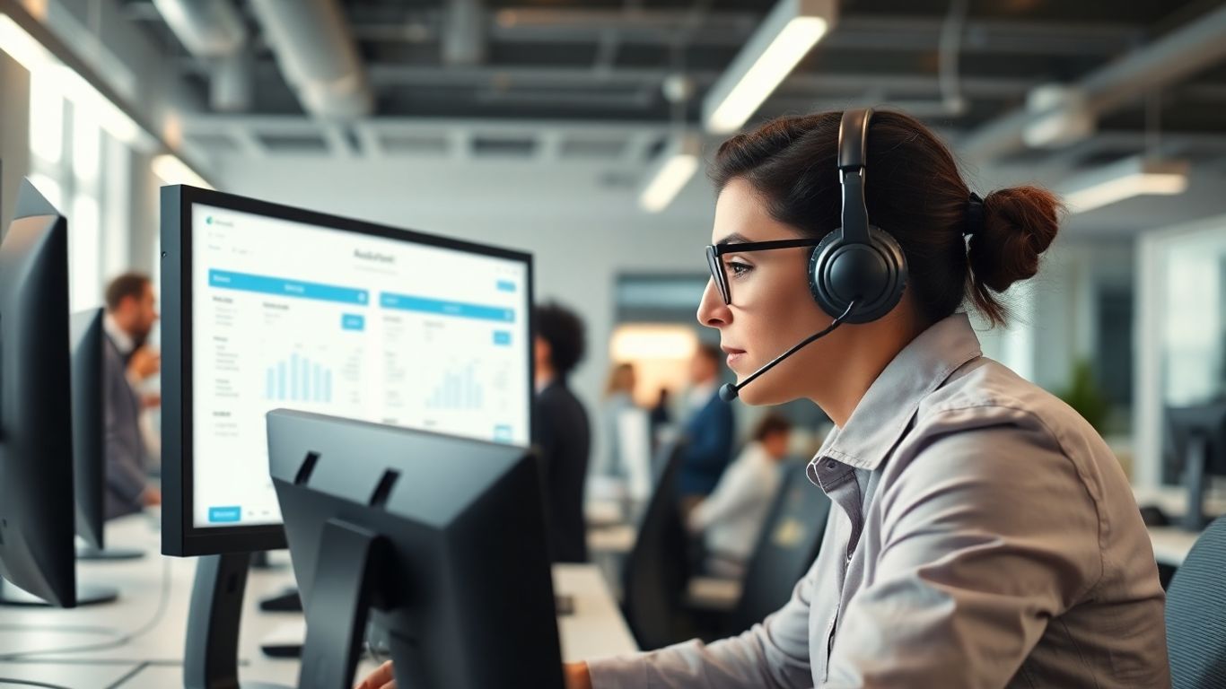Focused call center agent carefully reviewing customer information