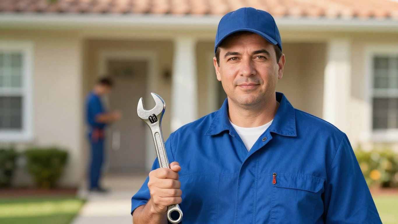 Plumber holding wrench, ready to help in Florida.