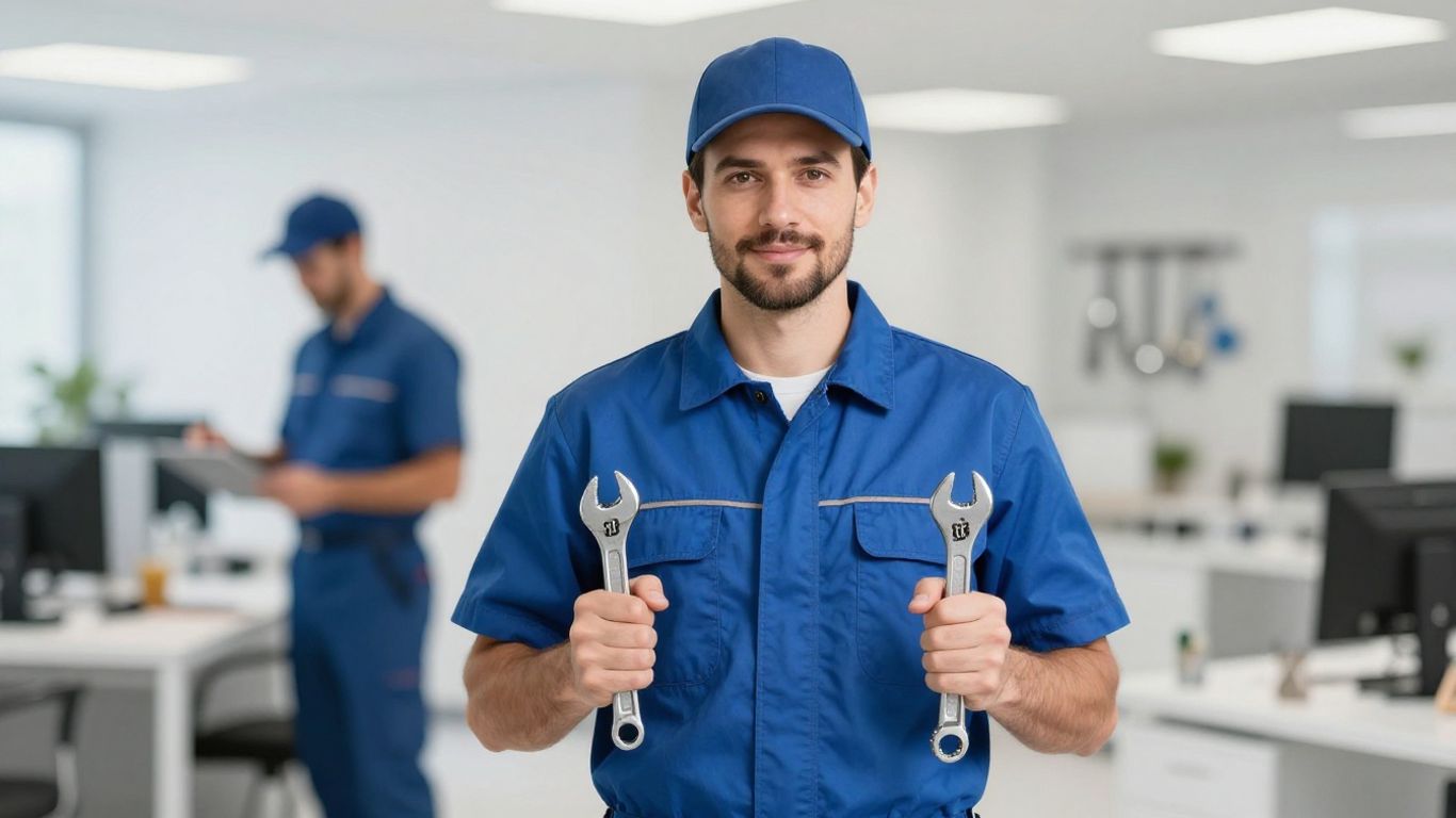 Plumber with wrench, modern office, integrated technology.