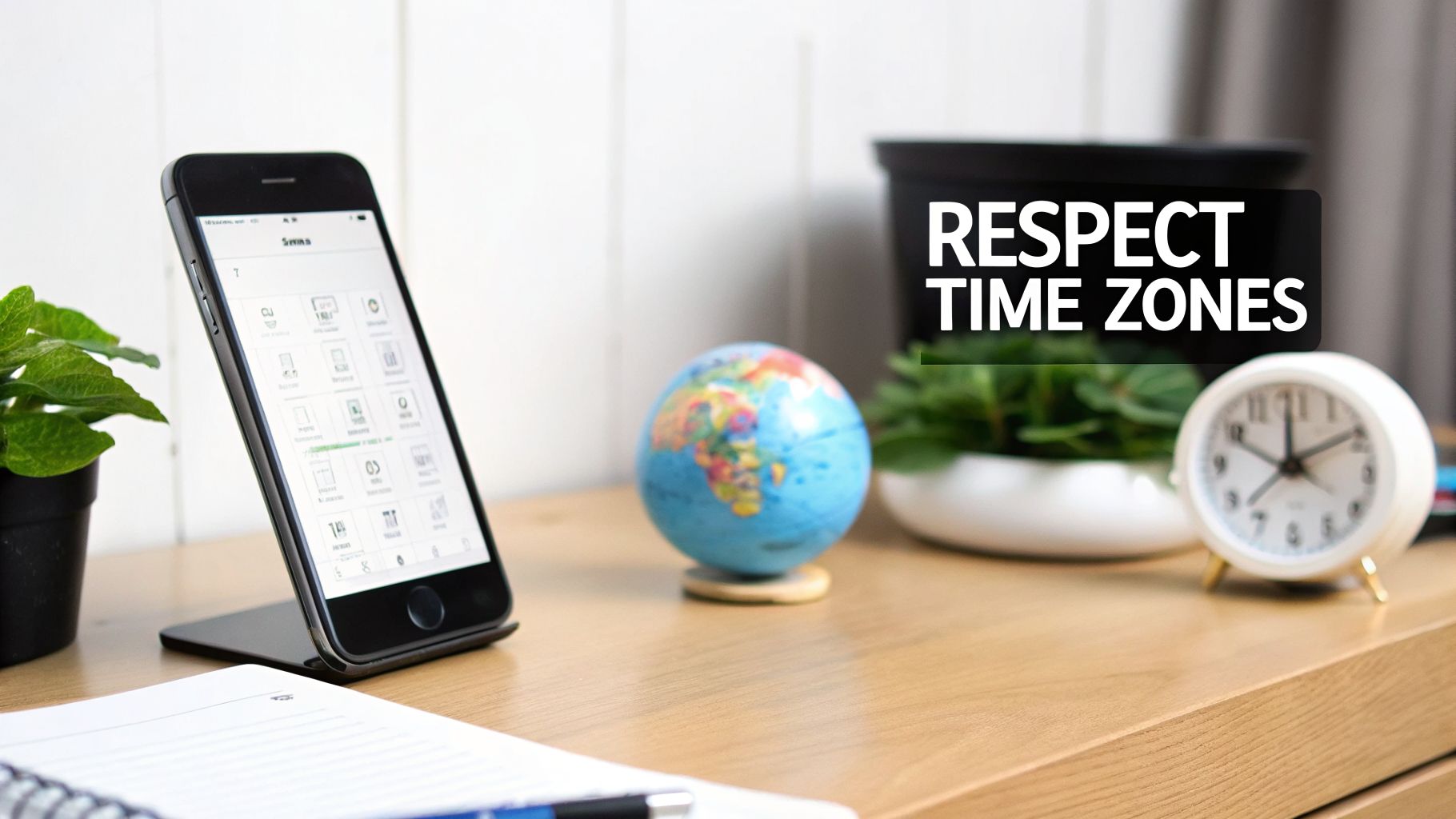 A smartphone on a desk next to a globe and an alarm clock, with text 'RESPECT TIME ZONES'.
