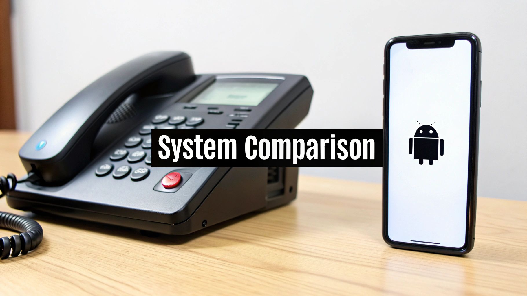 An illustration showing a side-by-side comparison of different business phone system interfaces on various devices.
