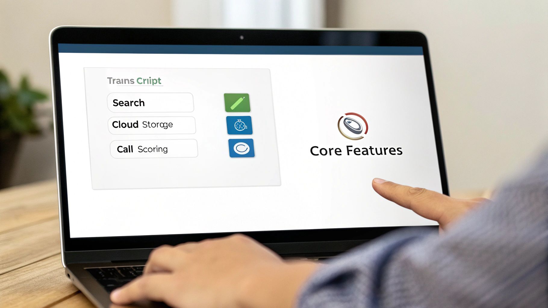 Close-up of a hand interacting with a laptop screen showing 'Call Scoring' and other features.