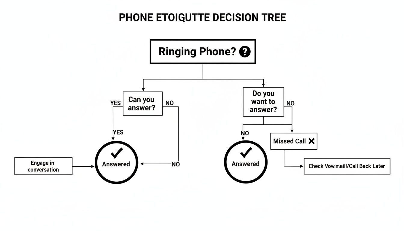 A decision tree flowchart illustrating phone etiquette guidelines for handling incoming calls.