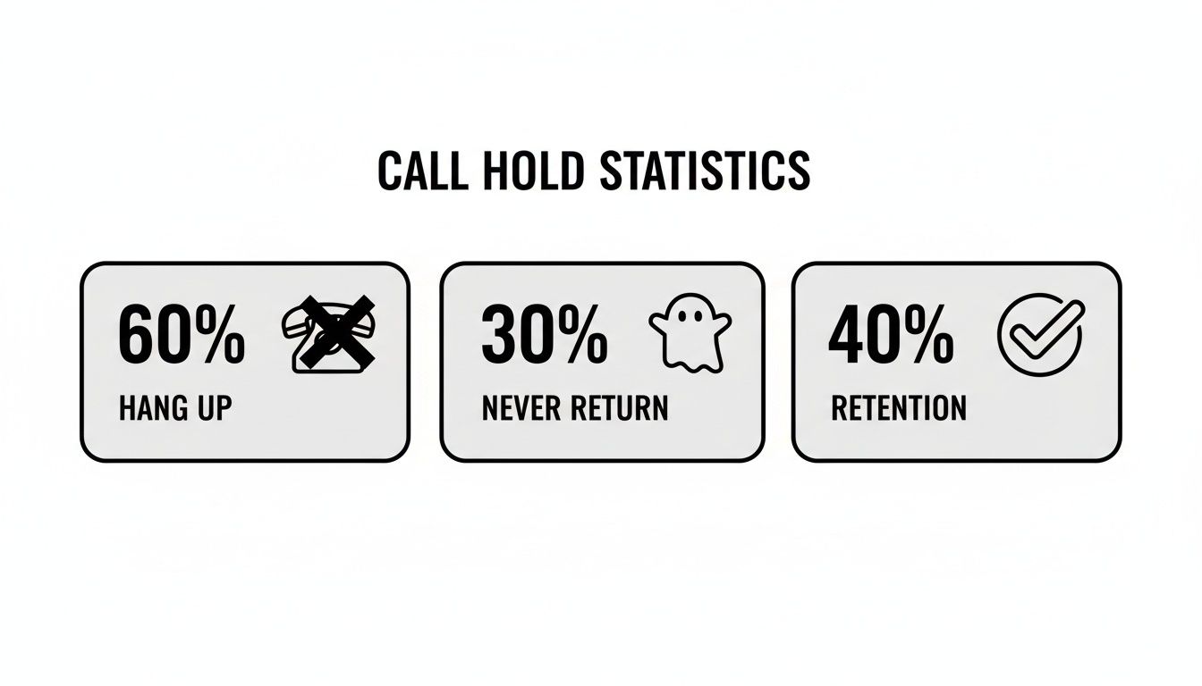 Statistics showing 60% of callers hang up, 30% never return, and 40% retention during call hold.