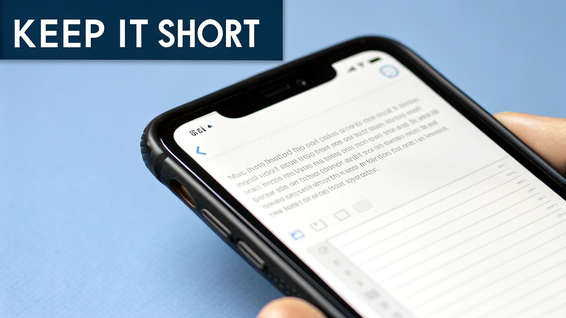 A hand holds a smartphone displaying an email or messaging app with a "KEEP IT SHORT" banner.