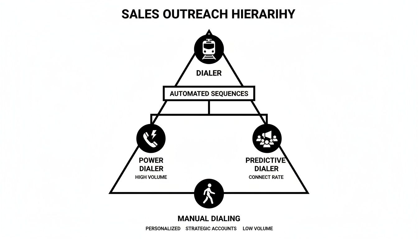 A sales outreach hierarchy illustrating various dialing methods: Dialer, Automated Sequences, Power Dialer, Predictive Dialer, and Manual Dialing.