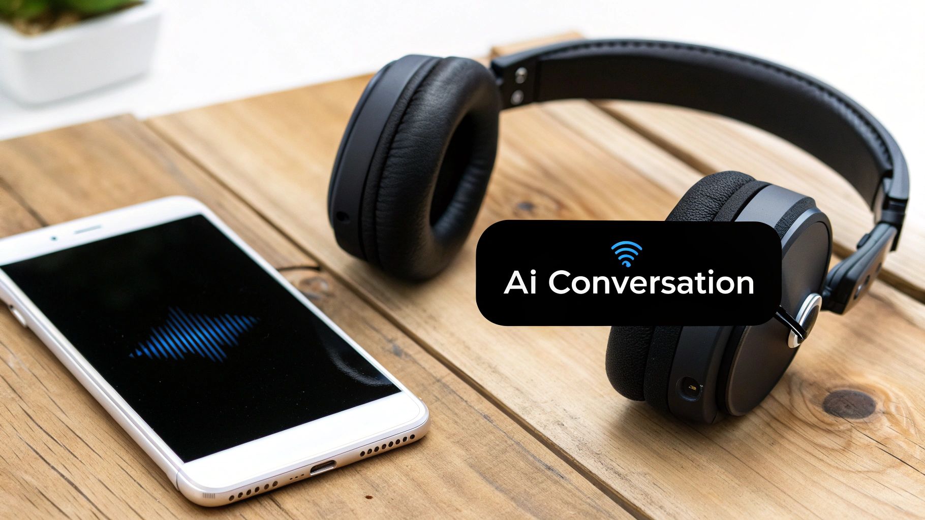 A smartphone displaying sound waves next to black over-ear headphones on a wooden table, featuring 'Ai Conversation' text.