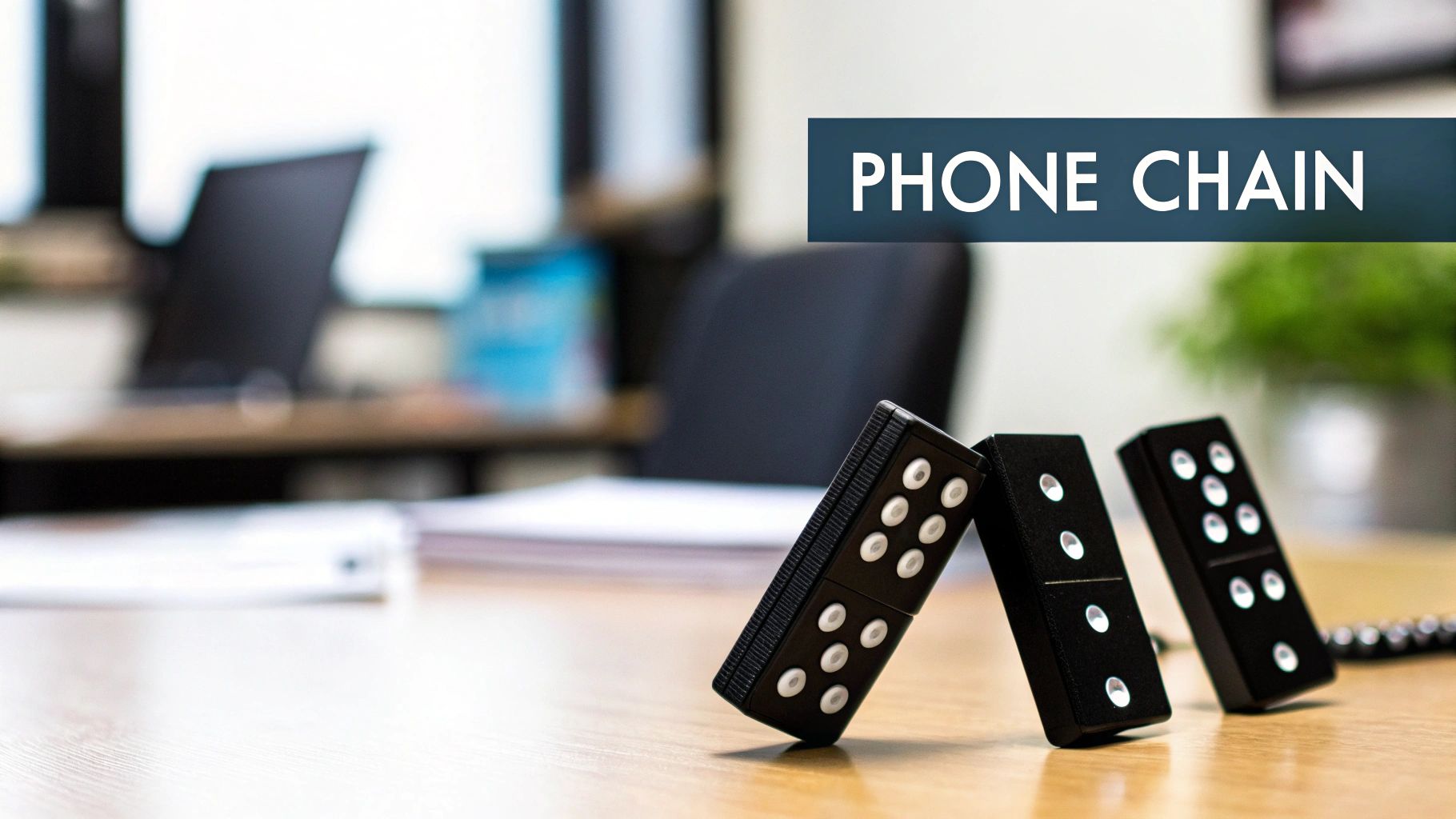 Black dominoes standing on a wooden desk in a blurred office setting, illustrating a chain reaction.