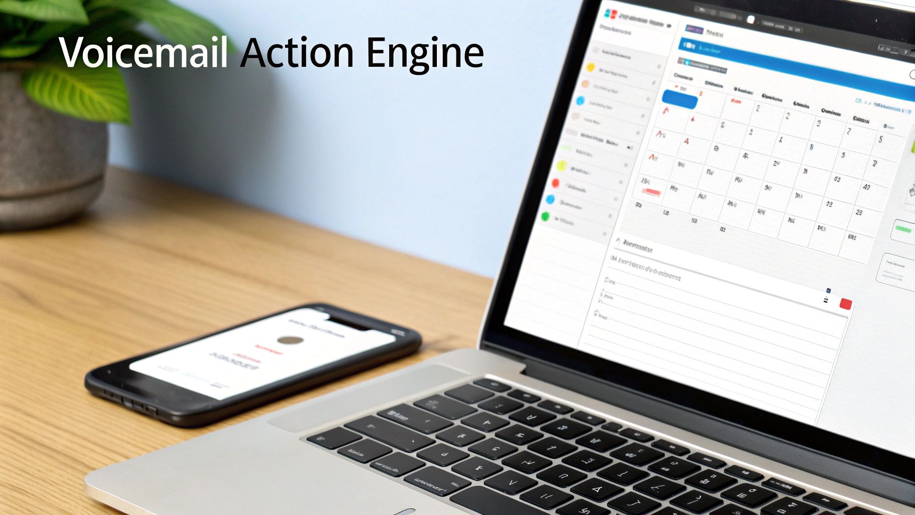 A desk with a laptop displaying a calendar, a smartphone, and a plant, with the text 'Voicemail Action Engine'.