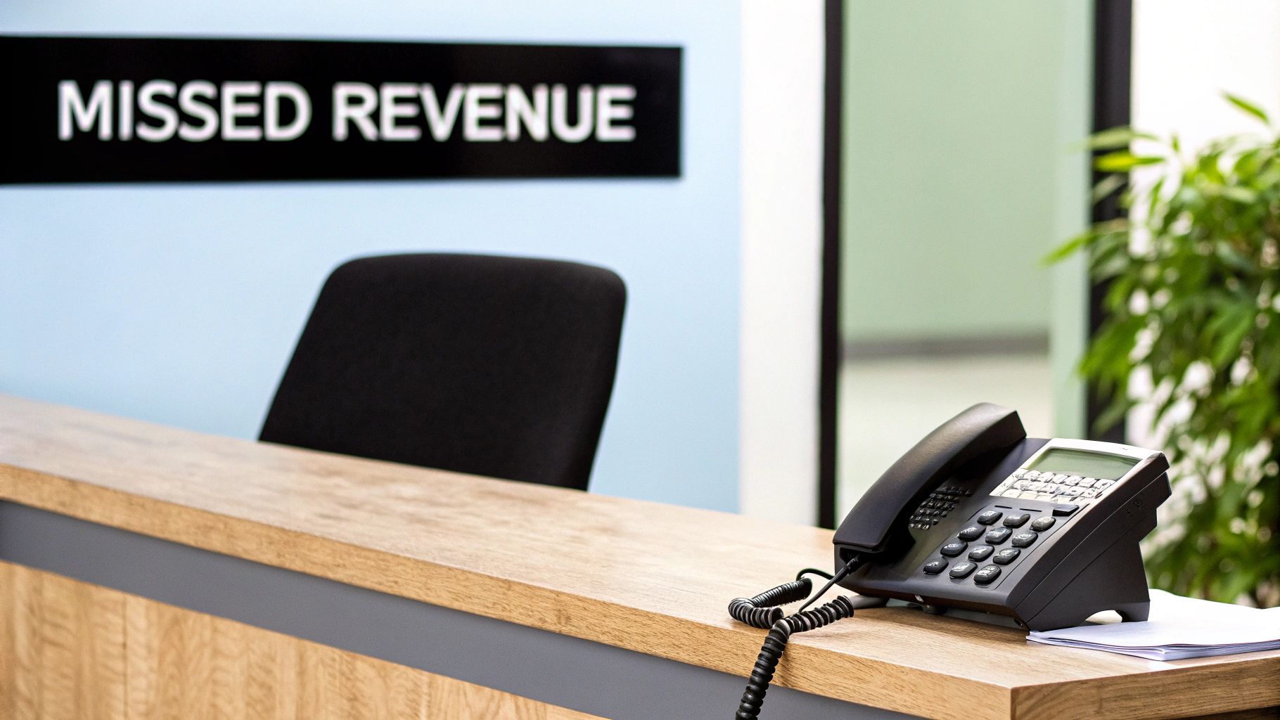 A reception area with a desk phone and a sign displaying 'MISSED REVENUE' above an empty chair.
