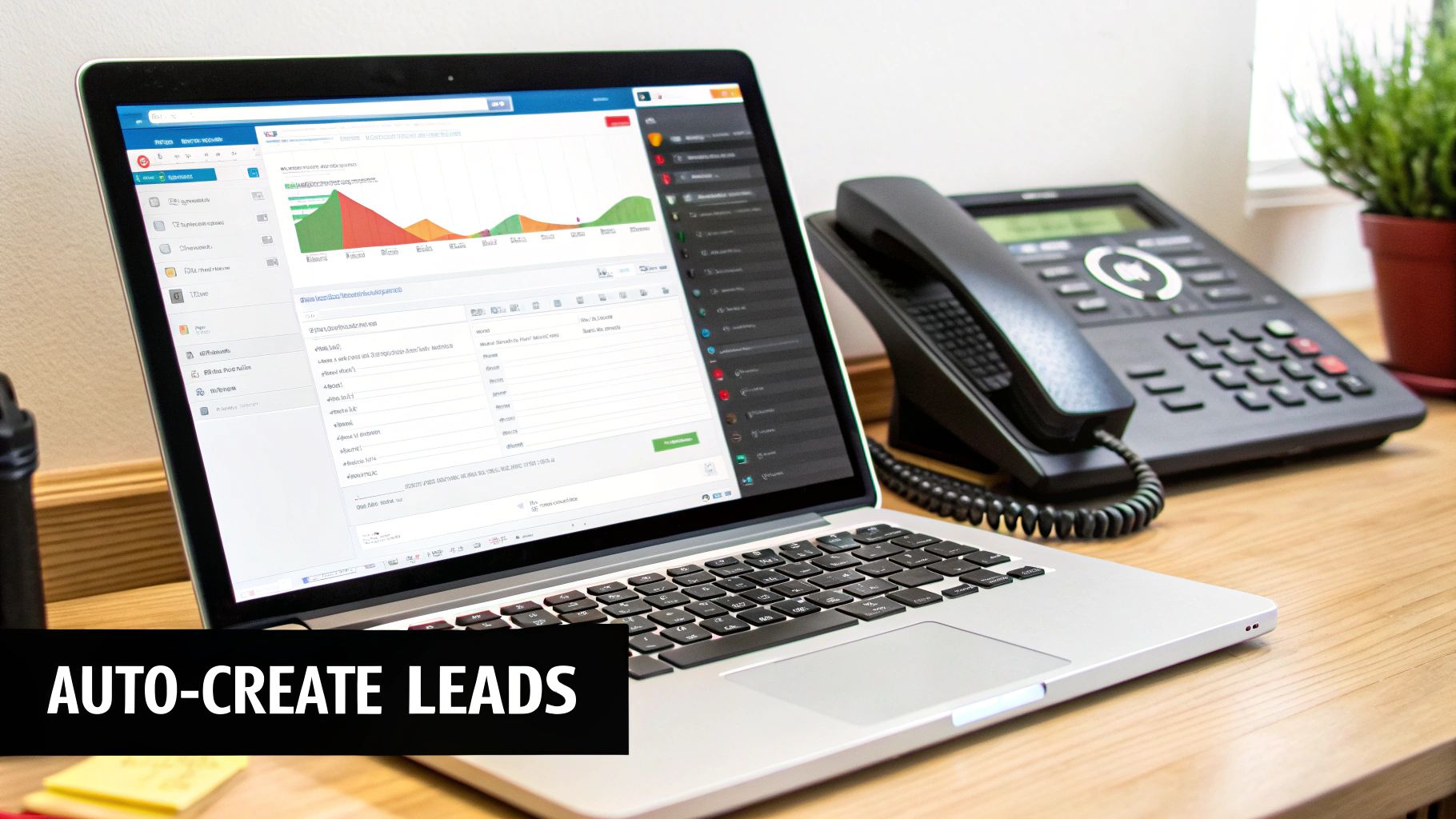 A laptop showing a lead generation dashboard, alongside a desk phone and a plant on a wooden desk.