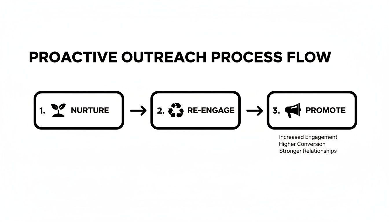 Flowchart illustrating a proactive outreach process: Nurture, Re-engage, Promote for increased engagement and conversion.