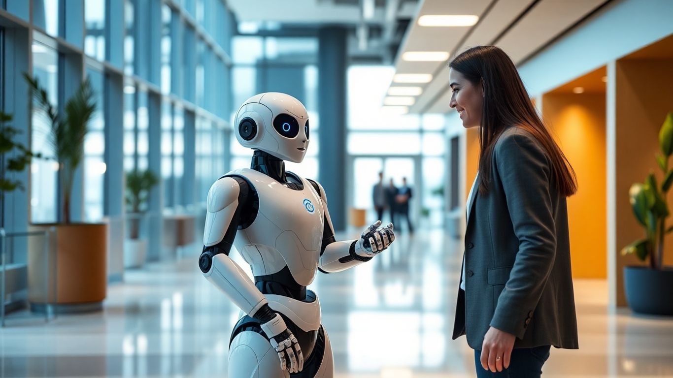 AI receptionist assisting a person in an office.