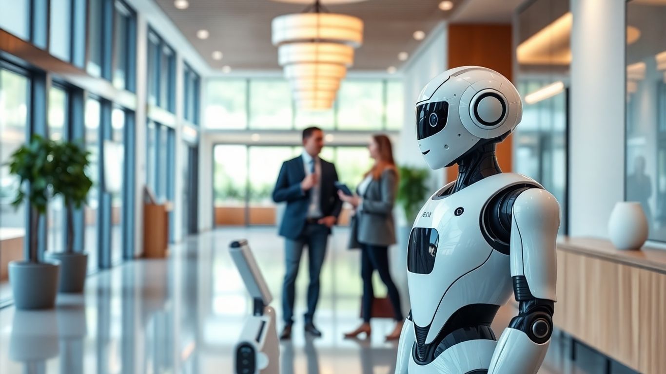AI receptionist assisting a person in an office.