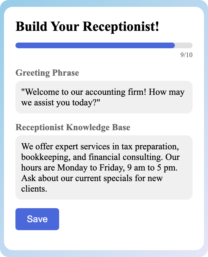 Sample receptionist setup for Accounting