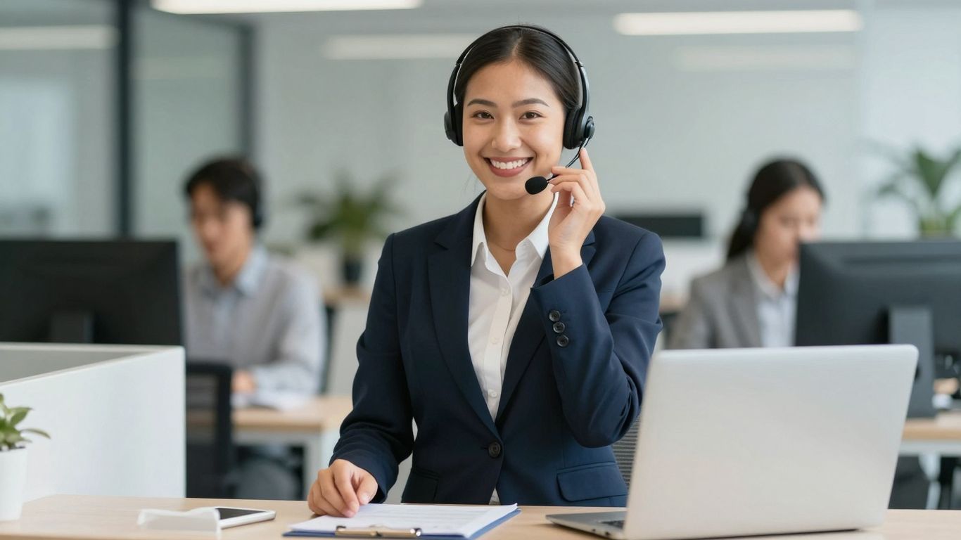 Professional receptionist with headset in a modern office.