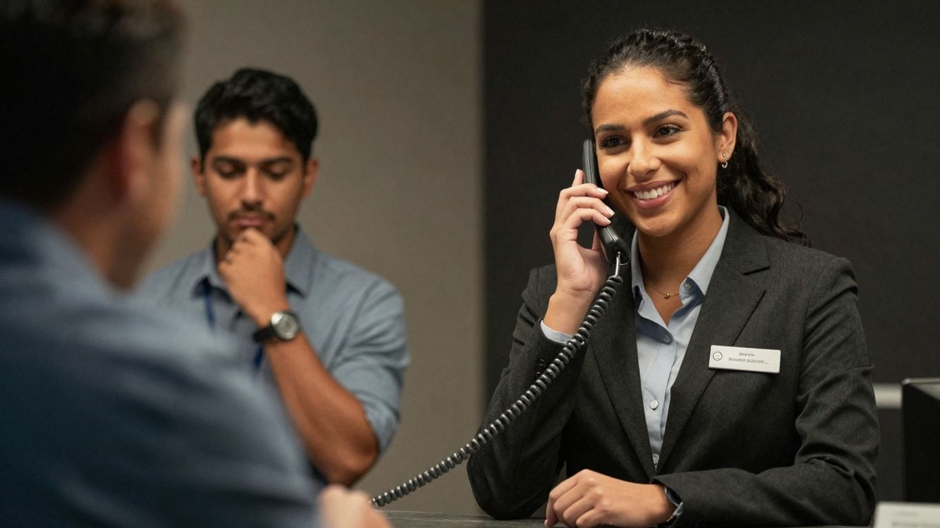 Receptionist answering phone with a smile.