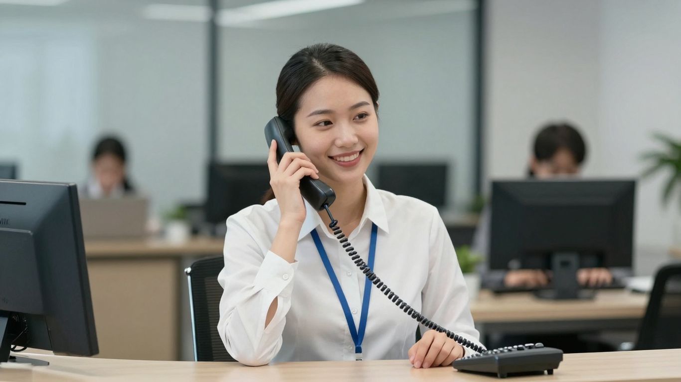 Receptionist answering a phone with a smile.