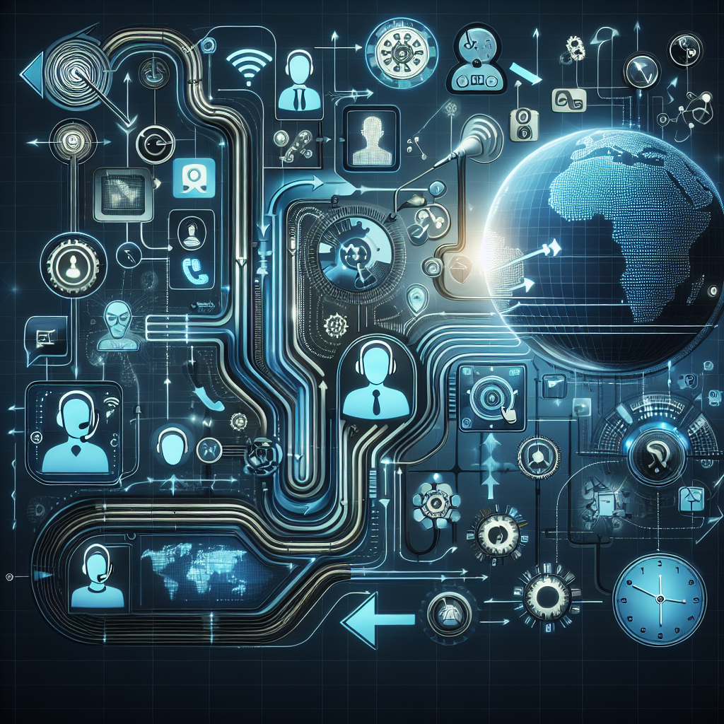 Illustration of AI-powered communication software interfacing with customer support options.