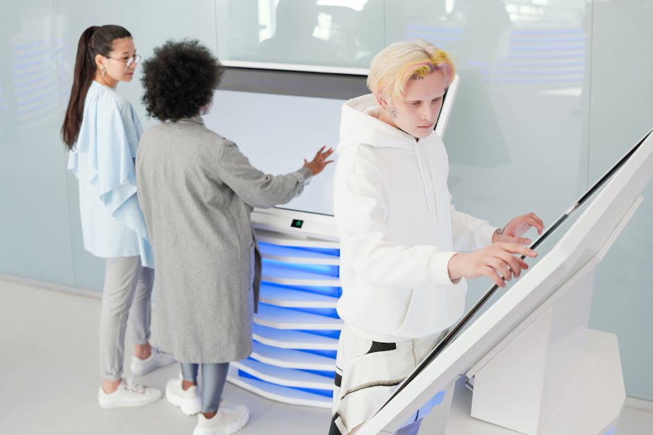 A futuristic representation of AI-powered customer interaction, highlighting a diverse group of users engaging through various digital interfaces.