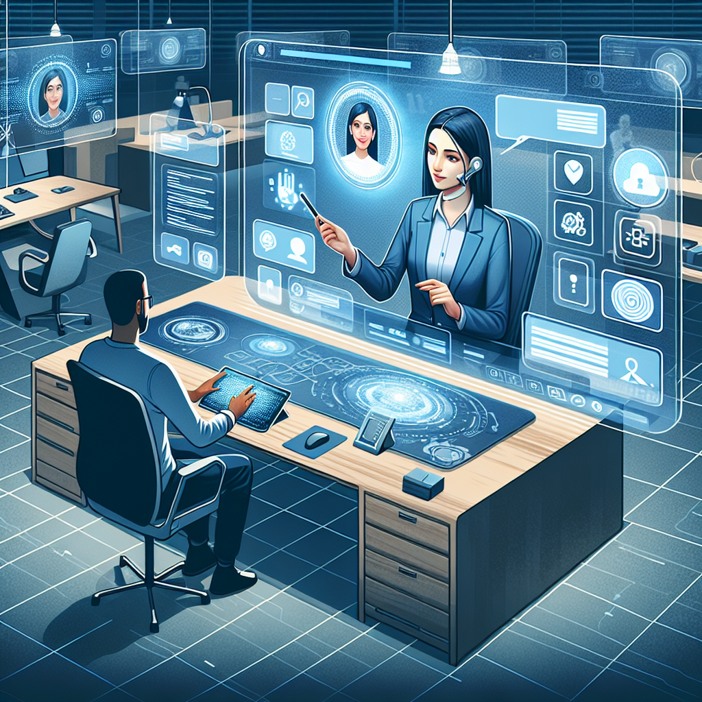 Illustration of a virtual receptionist at work, showing the interaction with a customer through a digital interface.