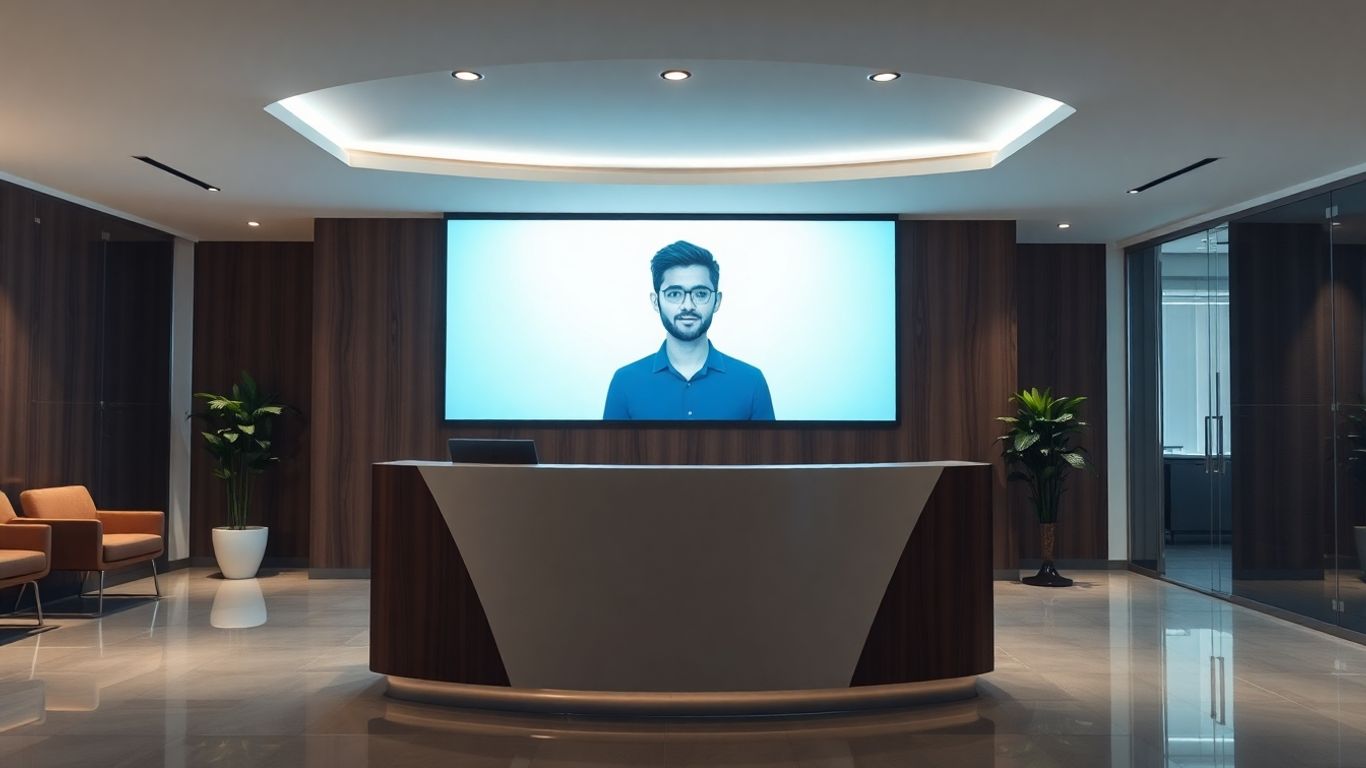 AI receptionist avatar in a modern office setting.