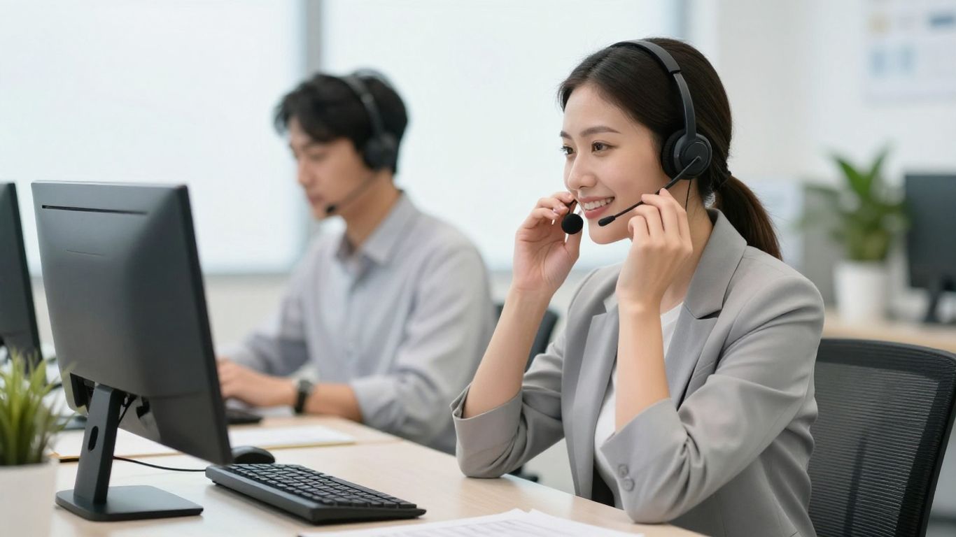 Professional woman with headset, office background