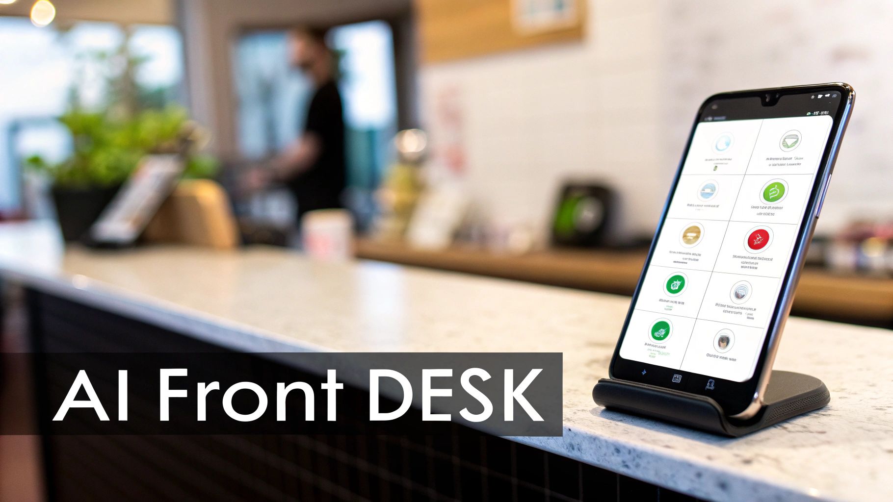 A smartphone displaying an AI Front DESK application on a counter, with a blurred person in the background.