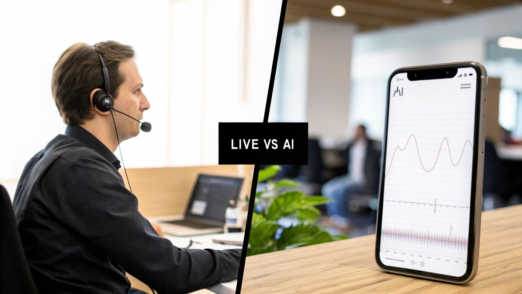 Split image shows a man with a headset for live support and a smartphone displaying AI data.