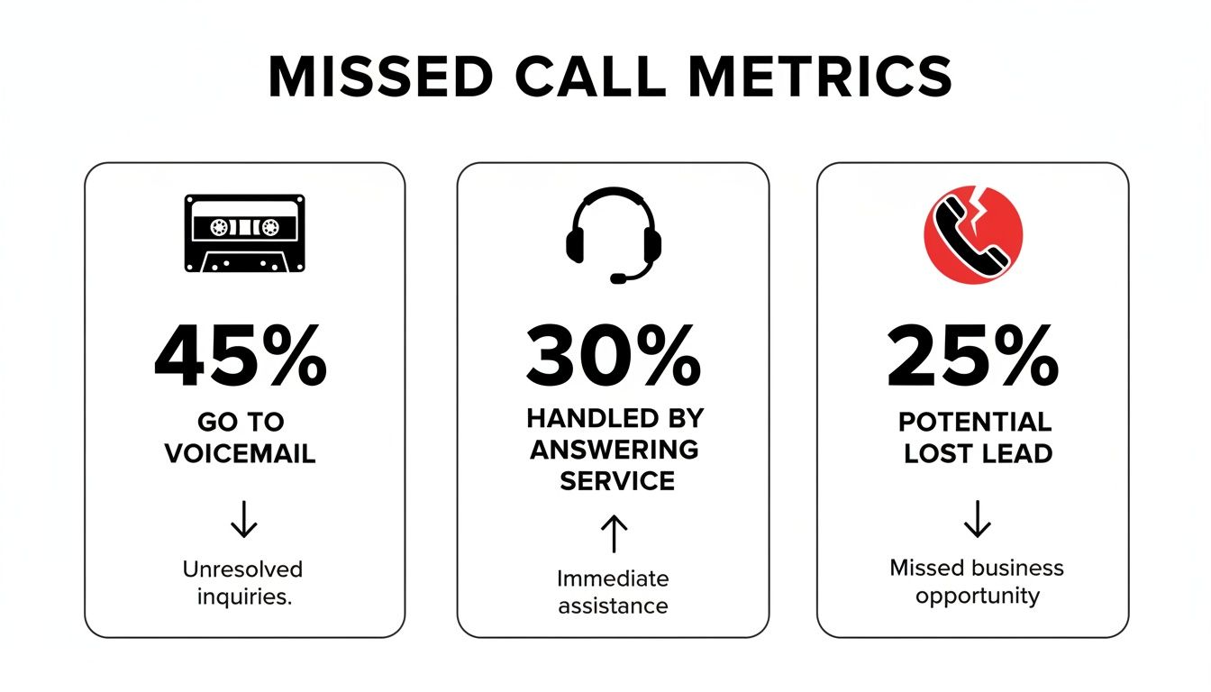 Infographic illustrating missed call metrics: 45% go to voicemail, 30% handled by answering service, 25% potential lost lead.
