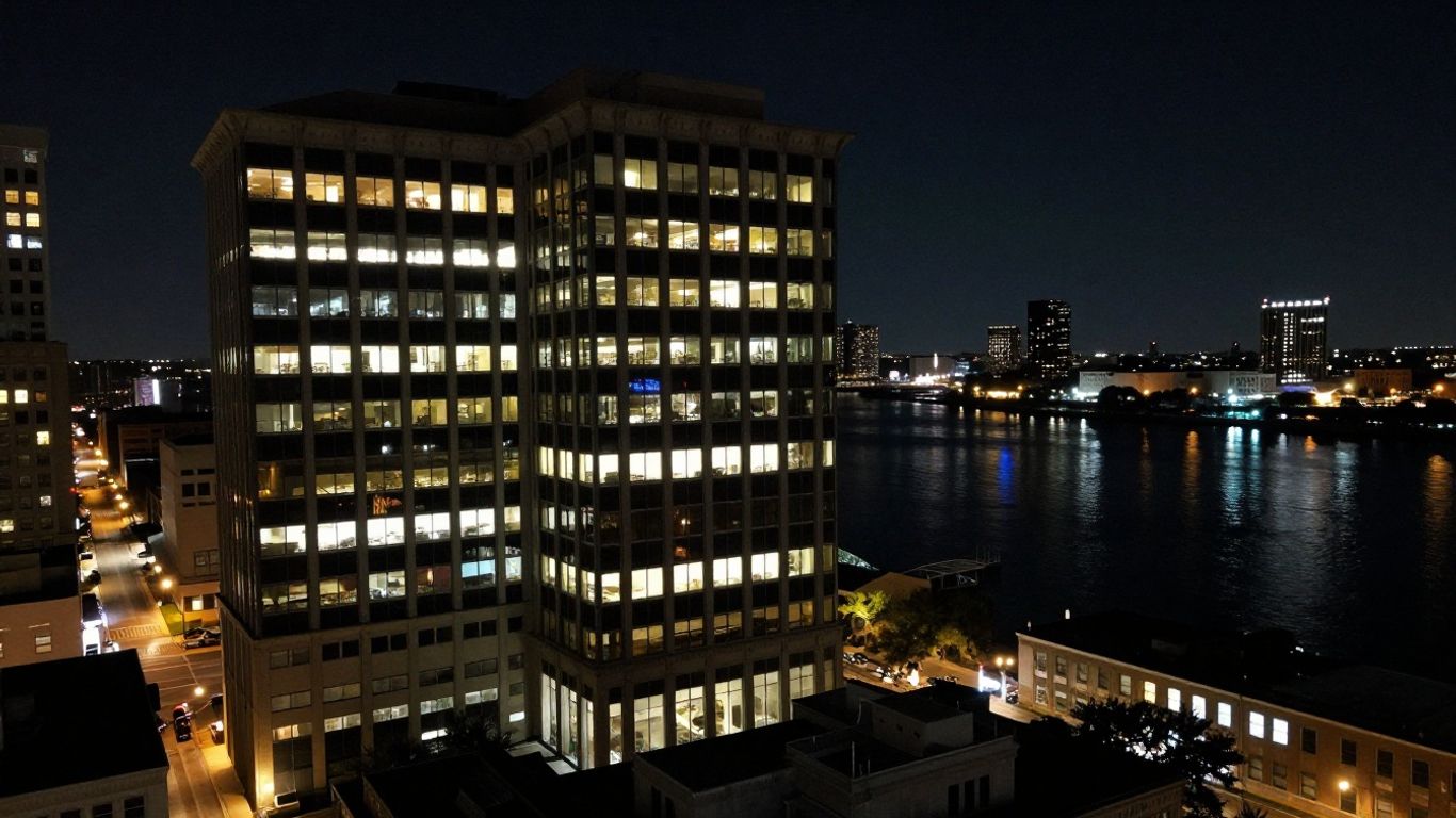 New Orleans skyline at night with illuminated buildings.